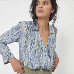 Anthropologie Pilcro Tisha Surplice Blouse Faux Wrap Top Small Watercolor Print